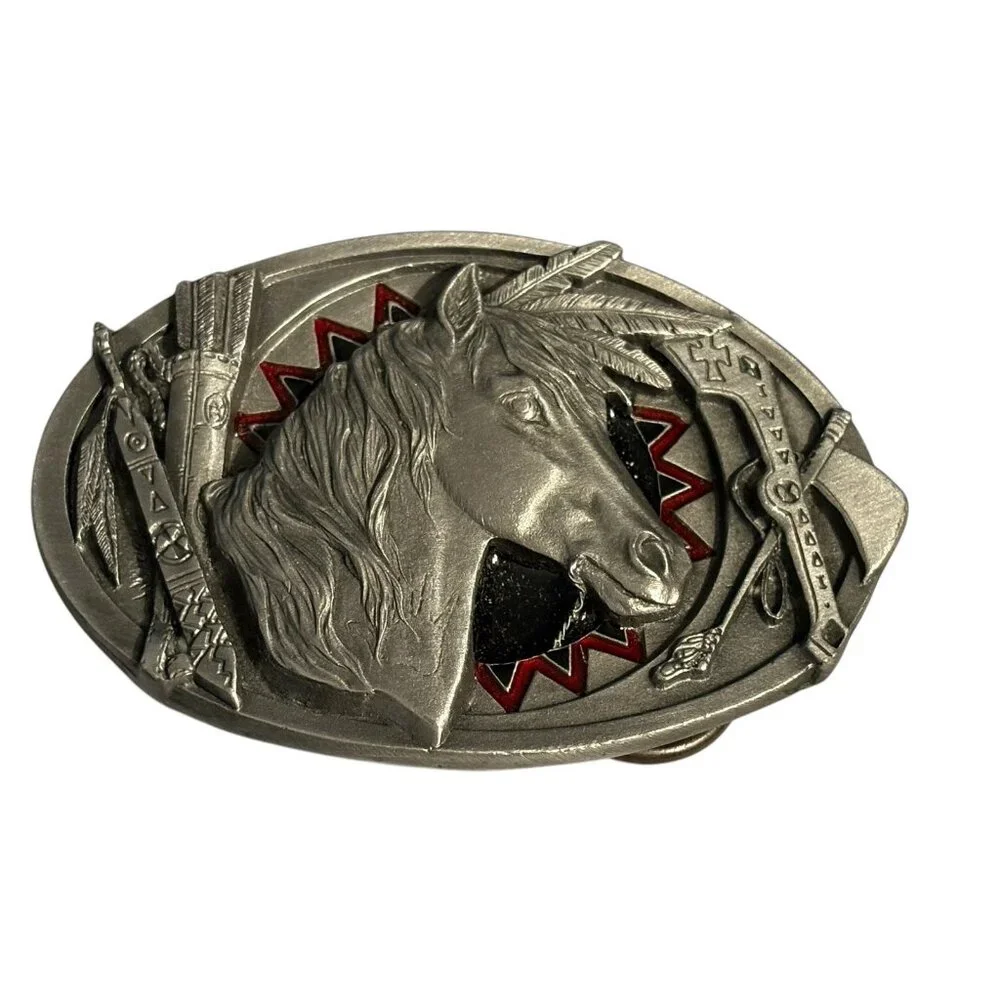 Vintage 90's C&J Belt‎ Buckle Native American Horse Feather Arrow Enamel Oval 3”